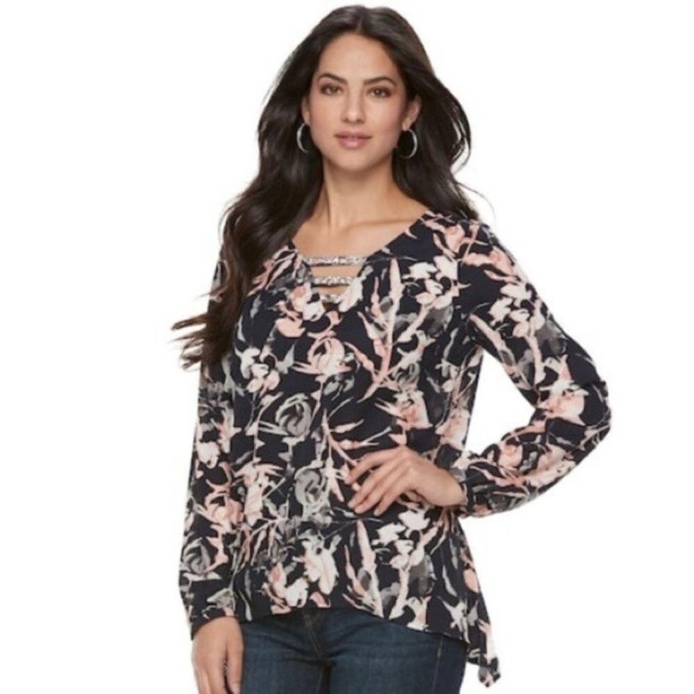 Juicy Couture Navy Floral Rhinestone Front Detail Blouse Size Small‎